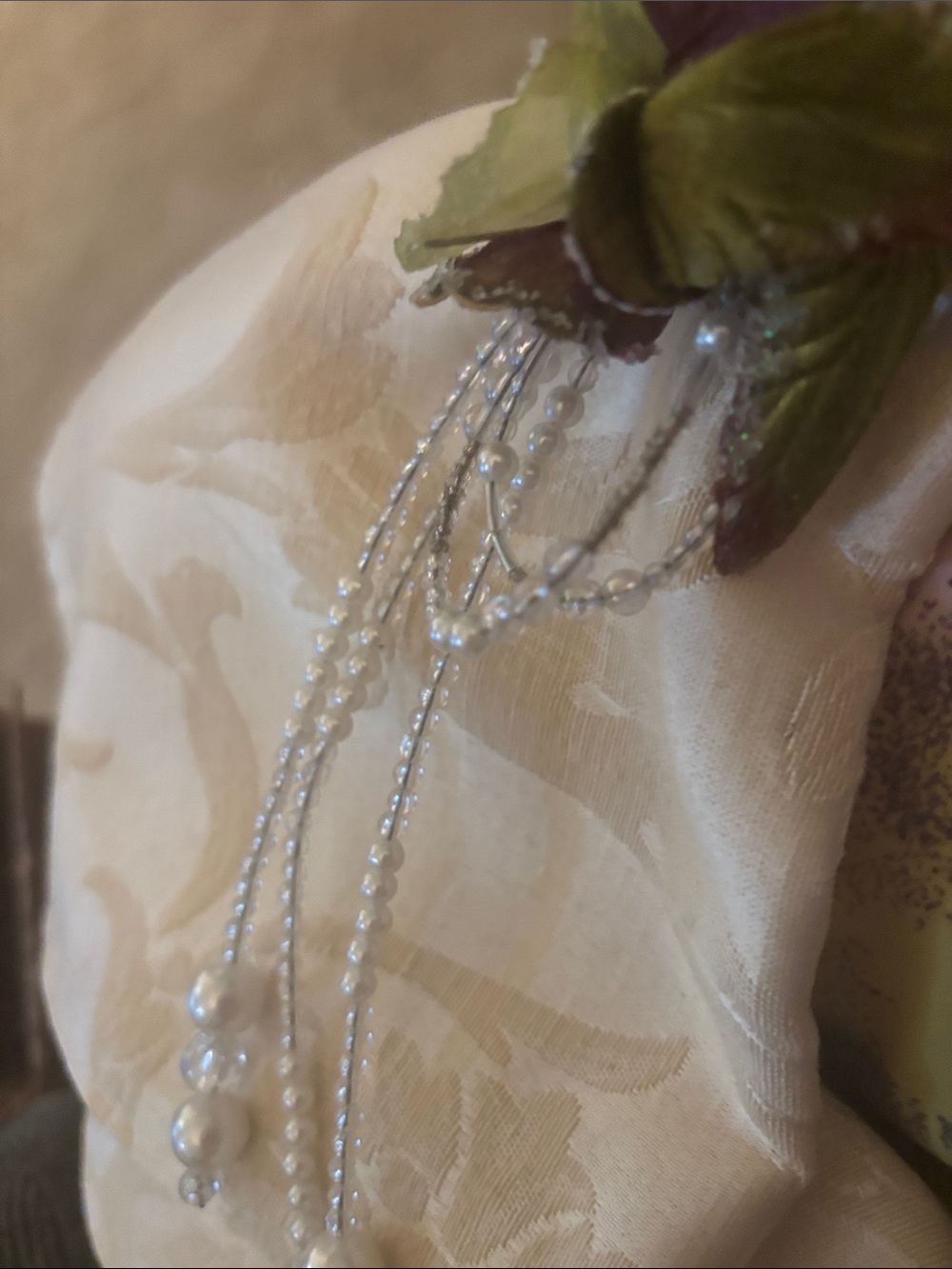 Beautiful beige napkins with stunning pearl/ florals